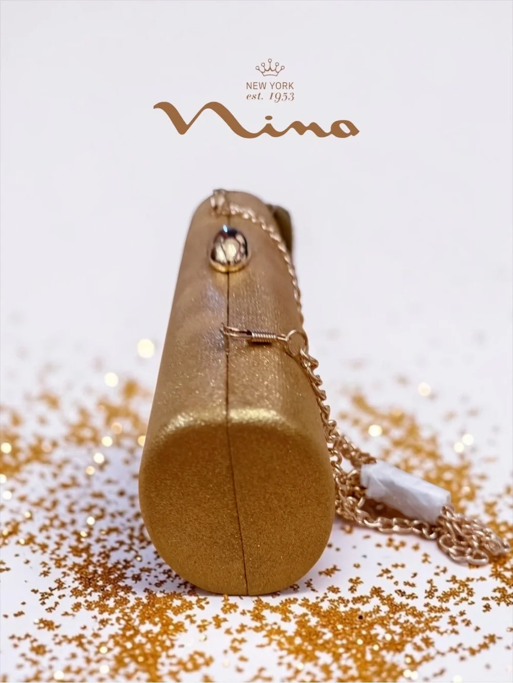 NWT Nina Xandra Barrel Minaudière Clutch – Pure Gold (New in Box)